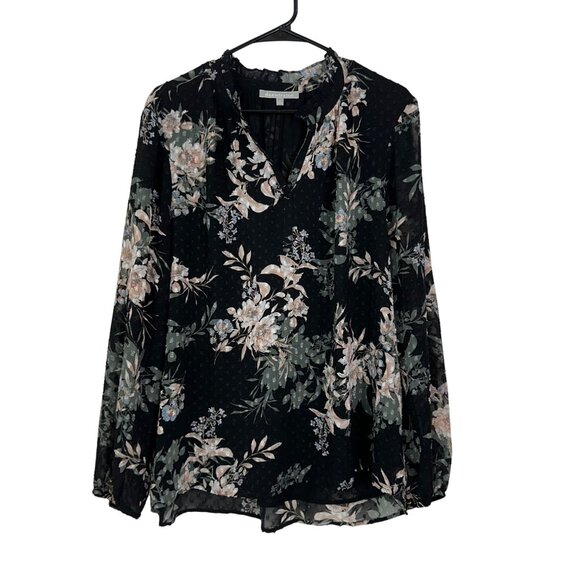 Daniel Rainn Black Floral Long-Sleeve V-Neck Tunic Blouse Women Size XL Pullover - Picture 14 of 15